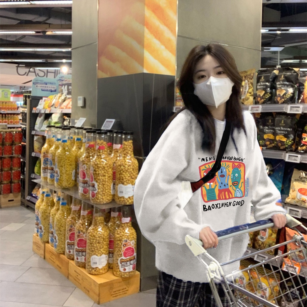 NRVP Áo thun tay dài oversize in họa tiết phong cách Hàn Quốc cho nữ