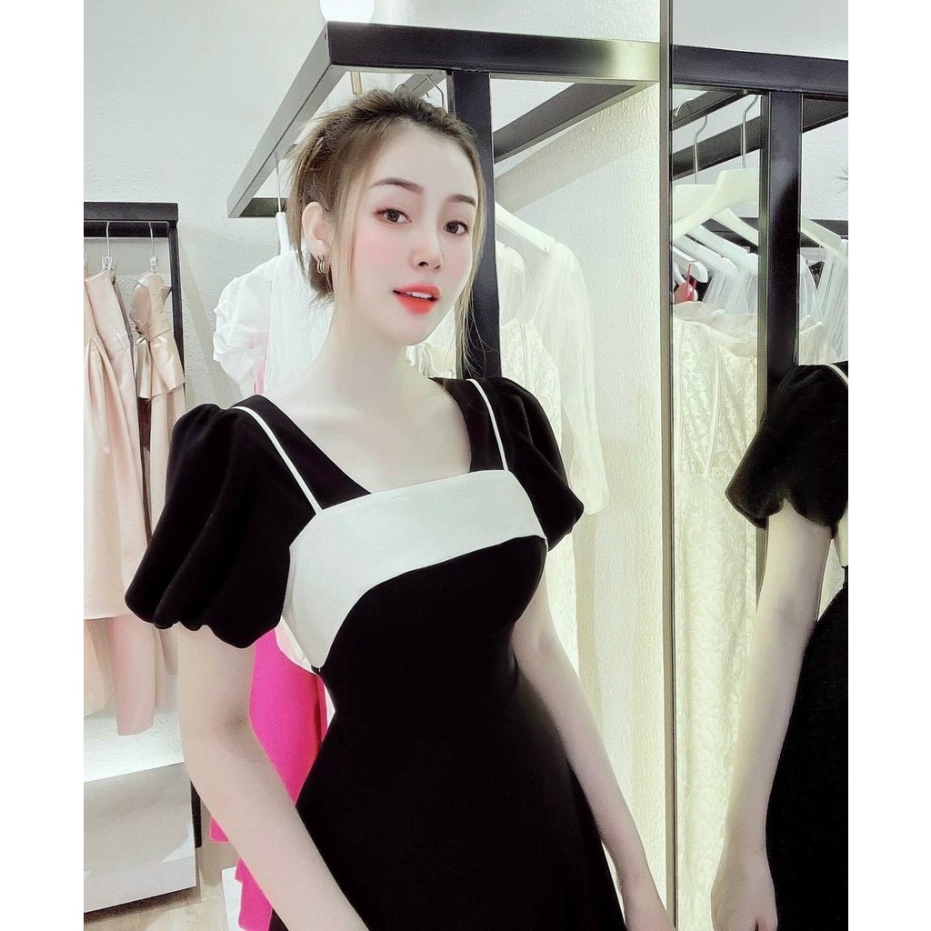 Váy đầm nữ dáng xòe cổ vuông tay bồng phối trắng