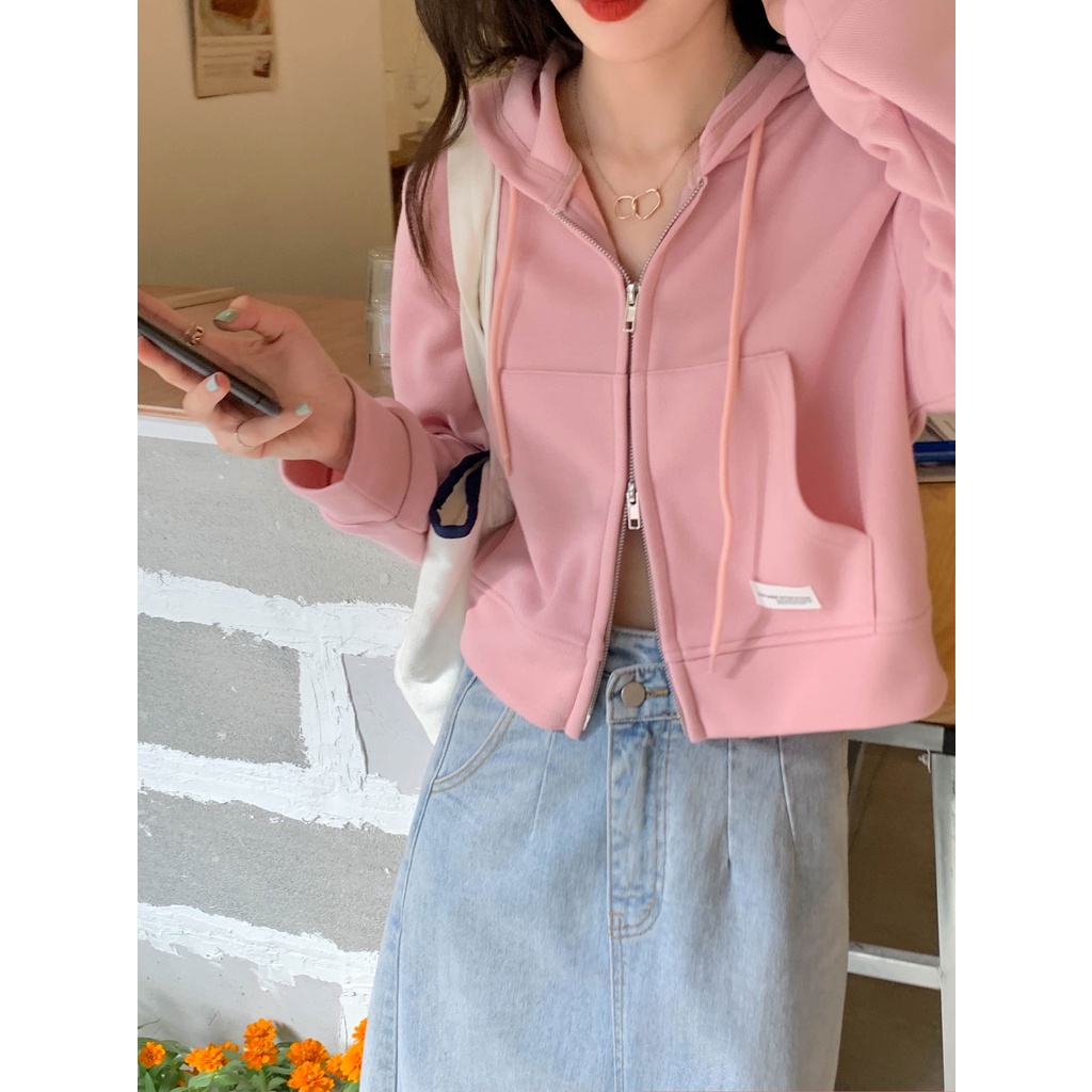 Áo khoác nỉ nữ chất đẹp 2022, áo khoác cardigan hoodie zip tay dài croptop màu hồng, xám, xanh