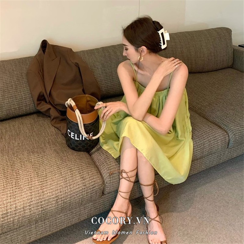 Cocory vn Đầm Ống Hai Dây Đính Bóng Lông Phong Cách Retro Pháp Cho Nữ