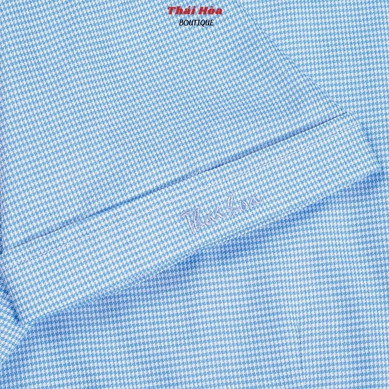 Áo sơ mi nữ công sở ngắn tay đẹp kiểu kẻ caro xanh dương đậm cotton Thái Hoà N65-15-01