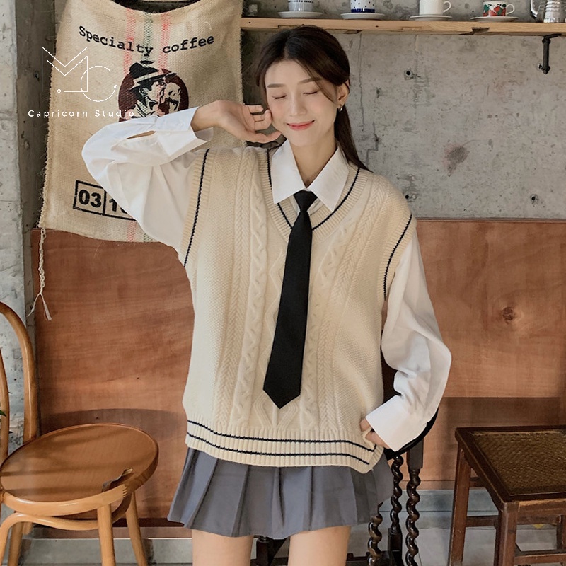 Áo gile dệt kim cổ chữ V hai màu ghi, màu be dễ phối đồ phong cách Hàn Quốc