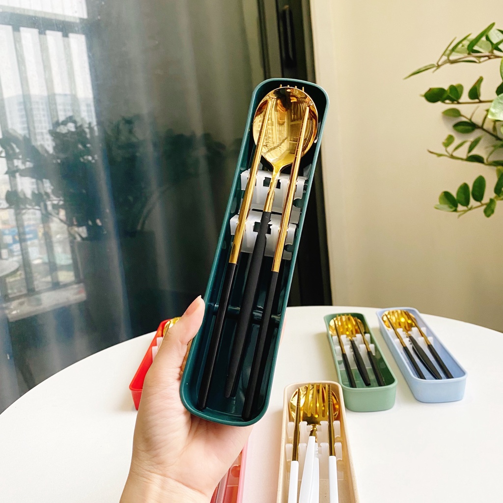 Bộ thìa đũa muỗng dĩa inox 304 mạ vàng cán dài cao cấp - VS169