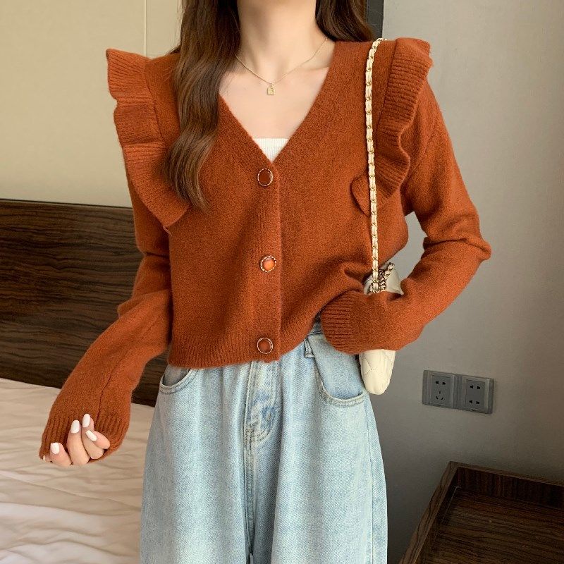 Áo cardigan dệt kim cổ chữ V tay dài nhún bèo thời trang mùa thu dễ phối đồ