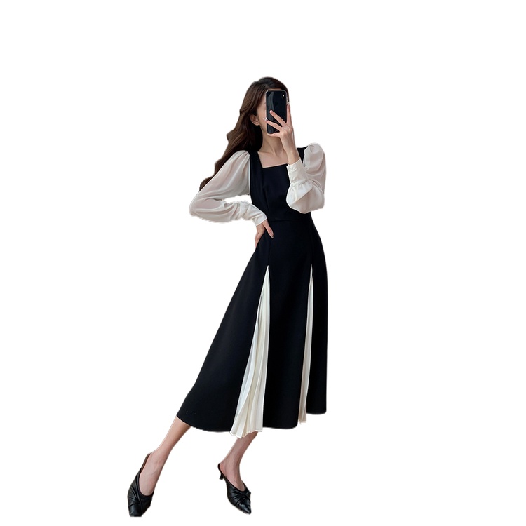 Đầm kiểu Perty cổ vuông phối lưới thời trang thu đông cho nữ