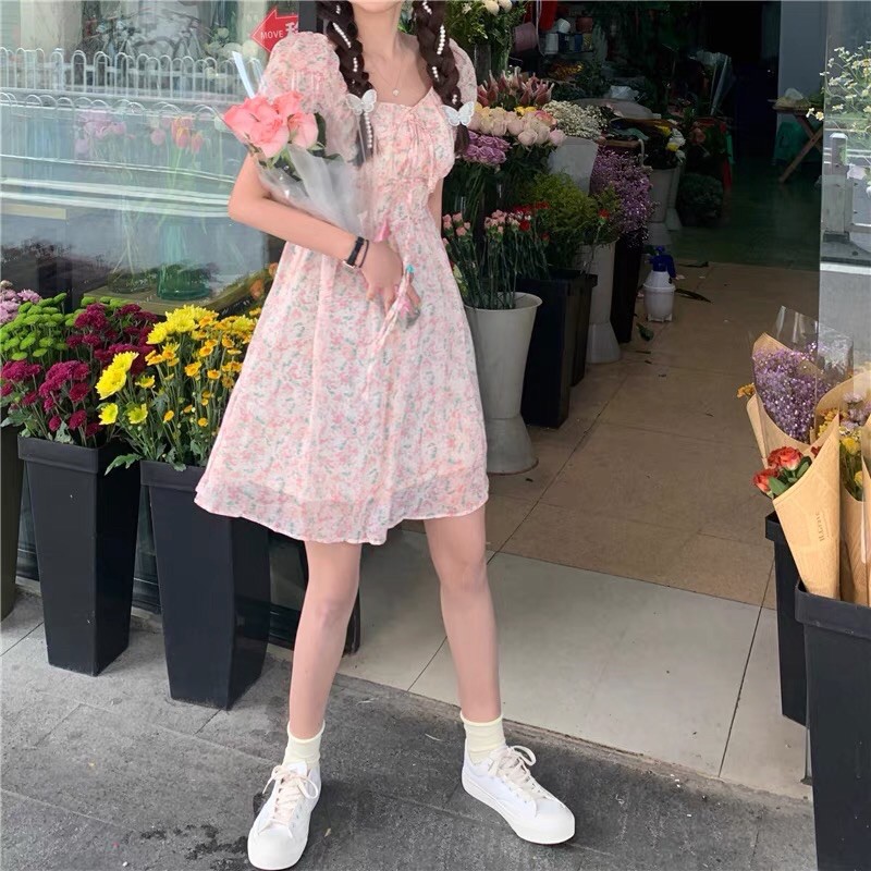 Đầm hoa nhí hồng babydoll dáng váy xoè thắt dây hình thật cuối