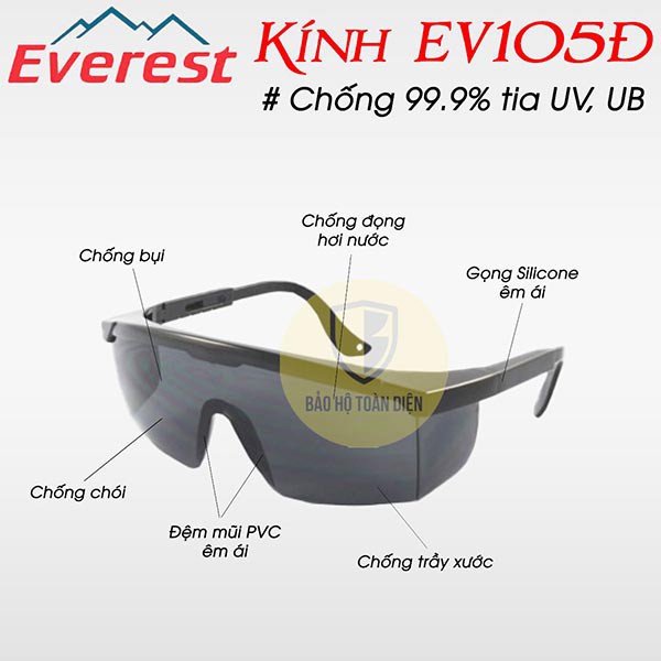 Kính Everest EV-105 ĐEN Đài Loan  kính bảo hộ, chống bụi, đọng sương, tia UV 99,99% bảo vệ mắt