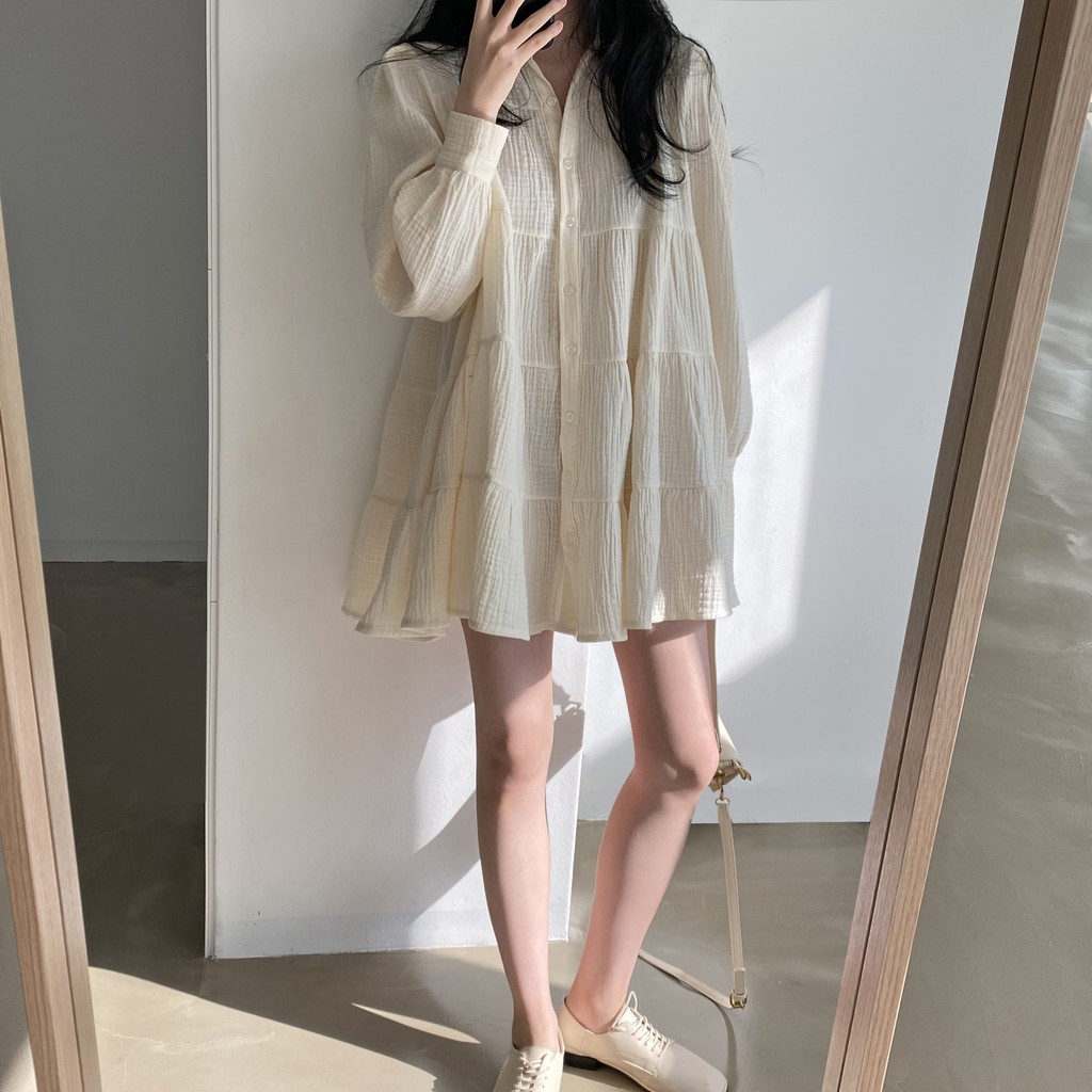ĐẦM SƠ MI NỮ TAY DÀI DÁNG XOÈ NGẮN VẢI NHĂN TRƠN NHÚN NHIỀU TẦNG