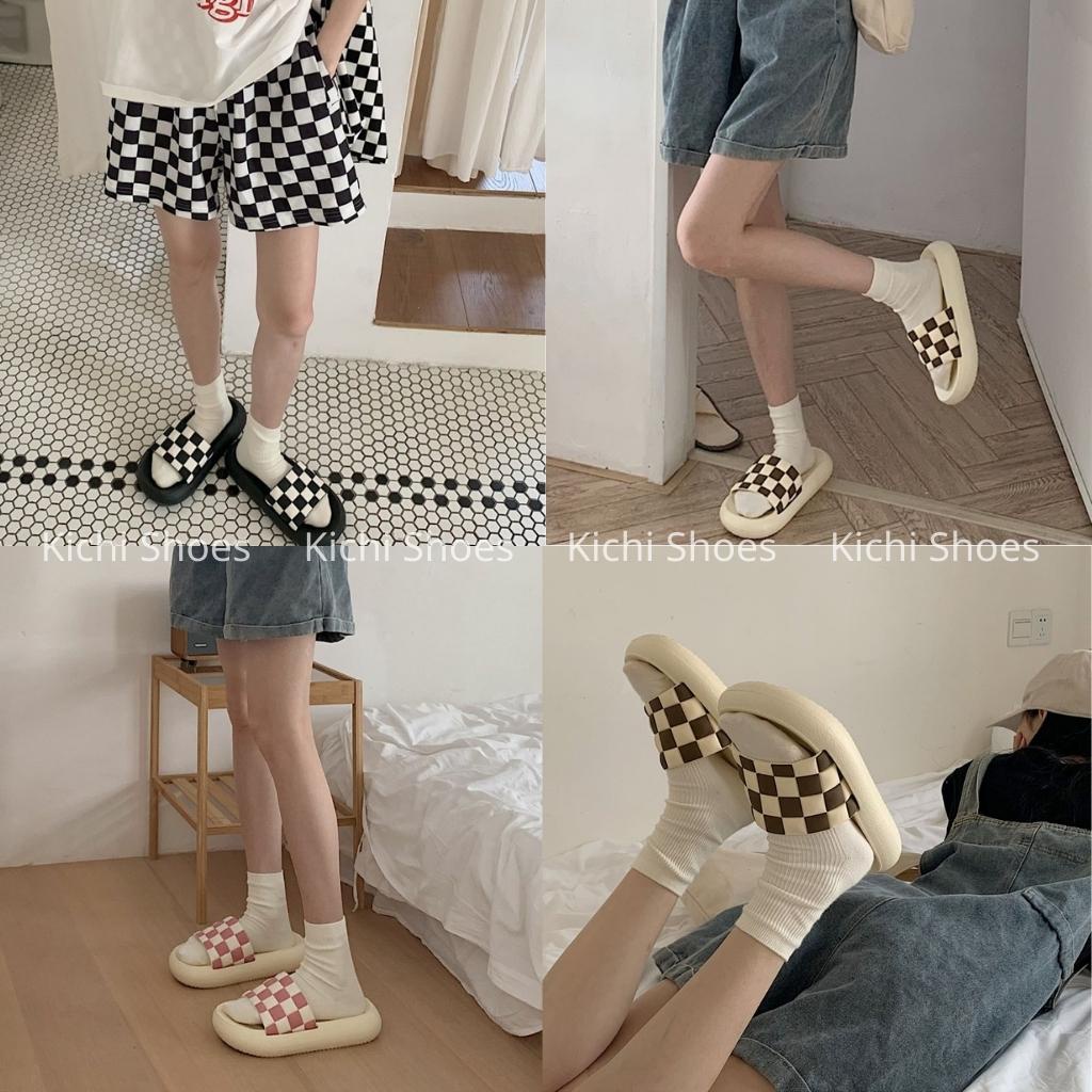 Dép bánh mì kẻ caro đế mềm siêu êm chân phong cách ulzzang unisex quai ngang