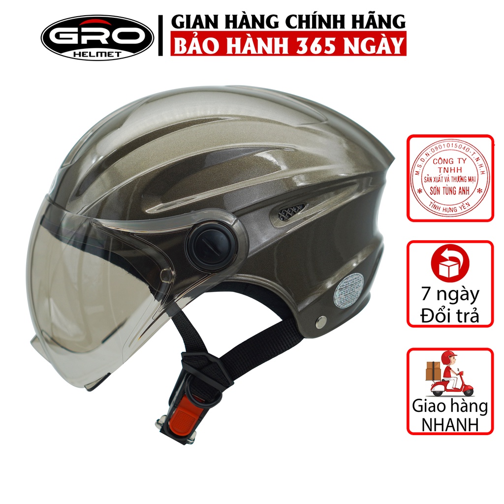 Mũ Bảo Hiểm Nửa Đầu GRO Helmet có kính, kiểu dáng thể thao cho nam và nữ, khóa kim loại chắc chắn - Nâu Bóng