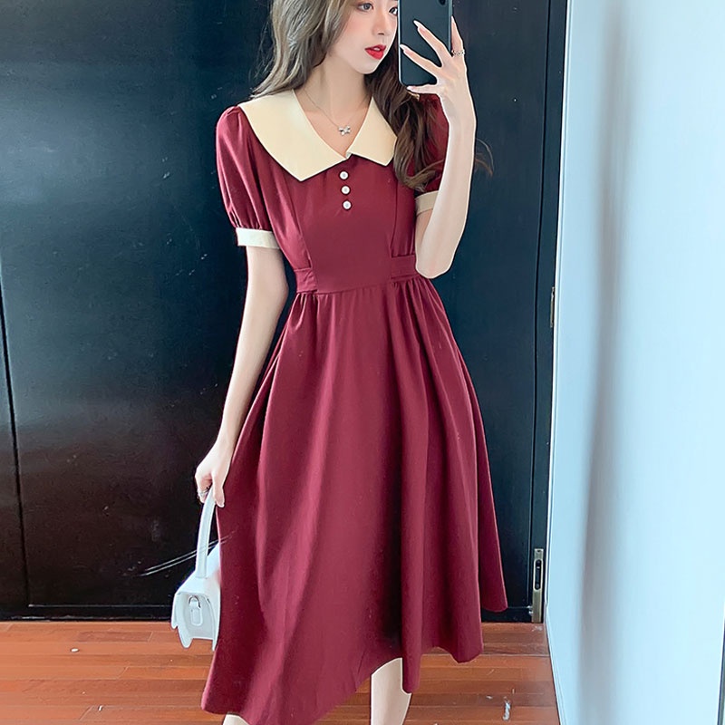 Đầm midi YEYA mỏng cổ búp bê thời trang Pháp cổ điển cho nữ