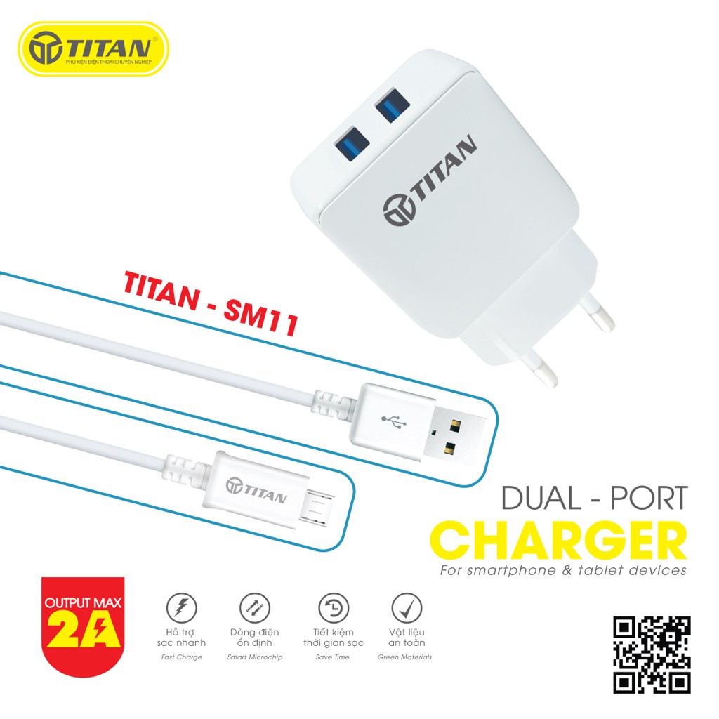 Combo Sạc Nhanh 2 Cổng Cáp Sạc Micro, Bộ sạc 2 Cổng USB Kèm Dây Sạc Micro Usb Thương Hiệu Titan Sản Phẩm Chính Hãng