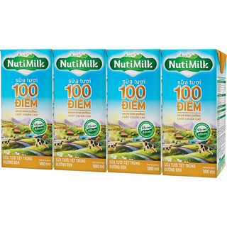 Lốc 4 Hộp Sữa Tươi Tiệt Trùng Nutri Milk 100 Điểm Đường Đen 180ml