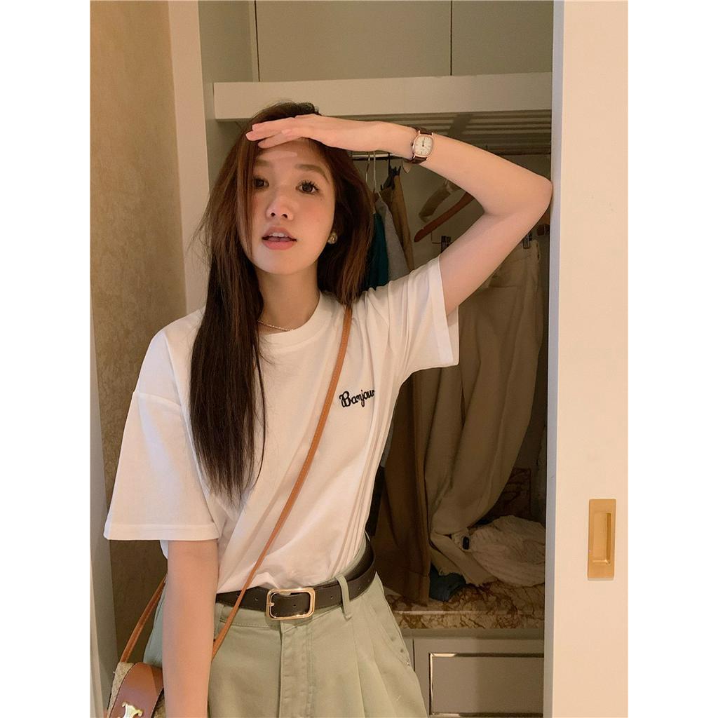 Áo Thun Cotton Cổ Tròn Dáng Rộng Ngắn Tay Thêu Hình Thời Trang Cá Tính 62379