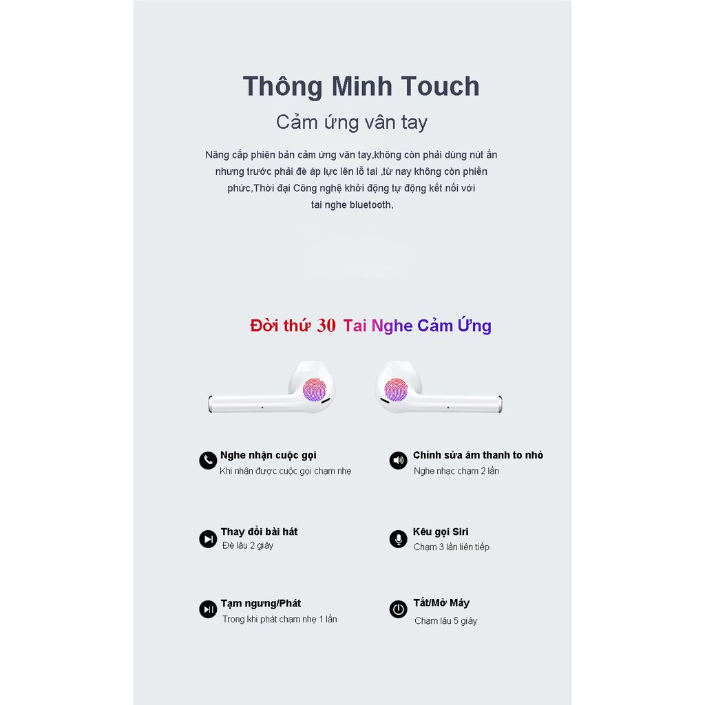 Tai nghe bluetooth 5.0 i30 tai nghe thể thao tai cảm ứng mini nhỏ gọn Âm thanh 3D Hệ thống Android và IOS đều có thể kết