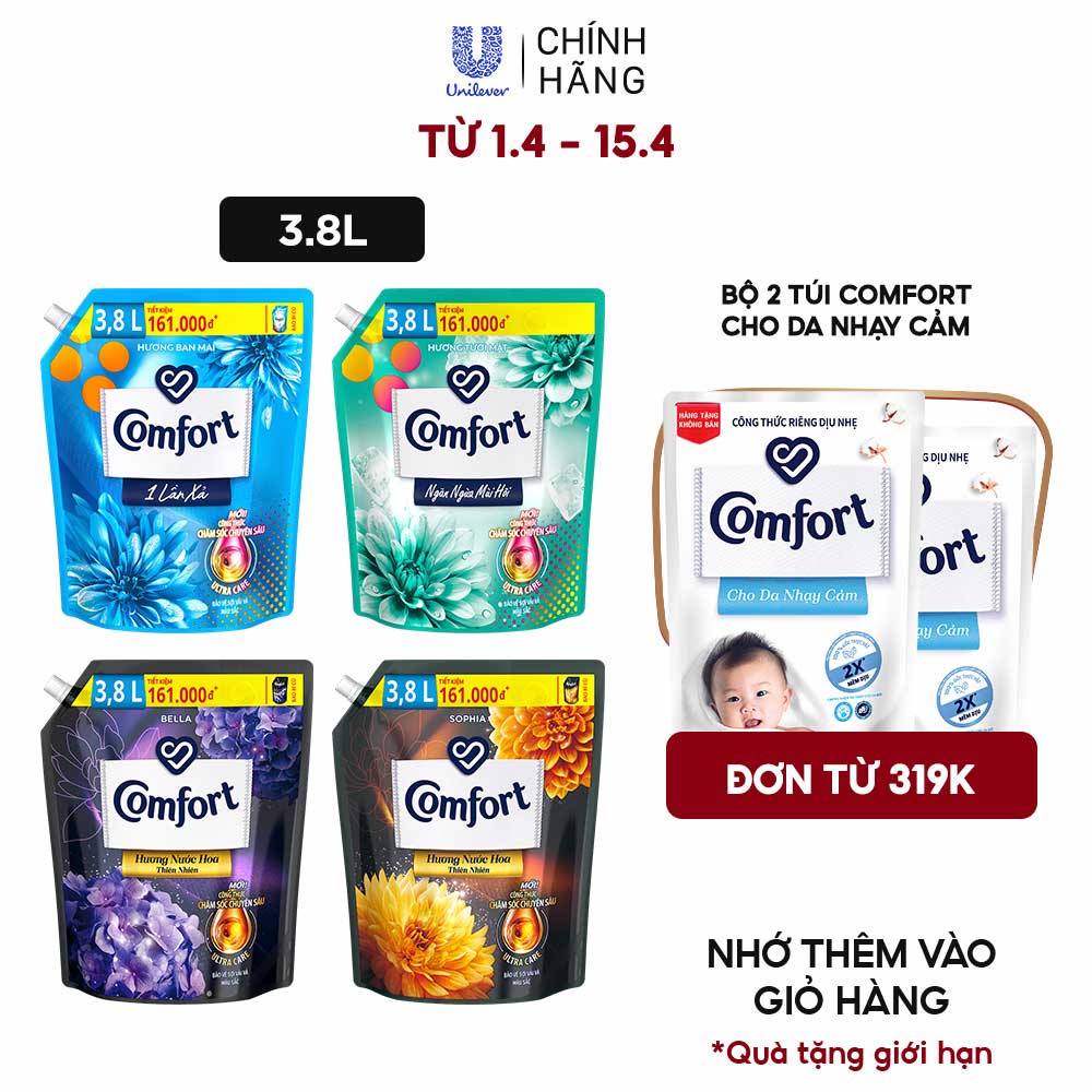 Nước xả làm mềm vải Comfort Chăm sóc Chuyên sâu túi 3.8L