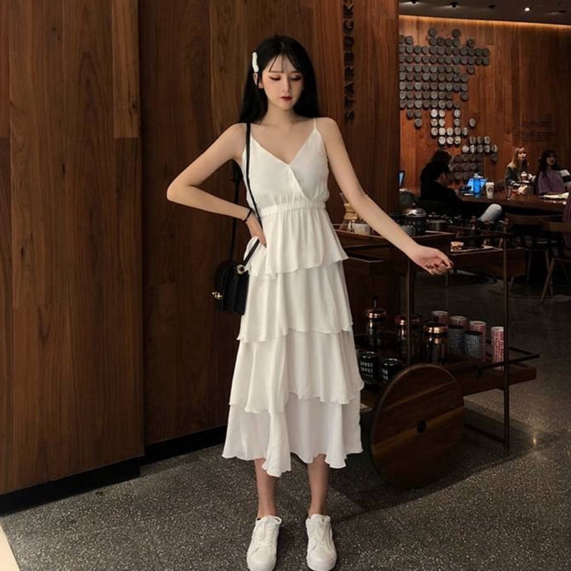 Đầm dài hai dây không tay cổ V xếp tầng nhiều lớp mỏng màu đen thời trang cho nữ | BigBuy360 - bigbuy360.vn