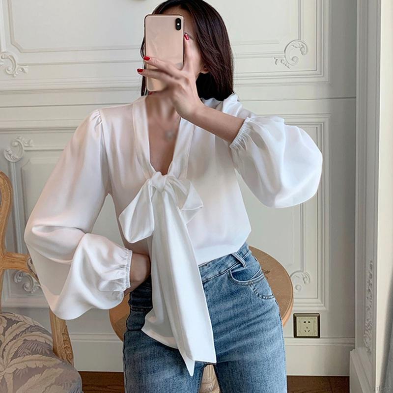 Áo Sơ Mi Tay Dài Cổ V Thanh Lịch Thời Trang Phong Cách Hàn Quốc Cho Nữ