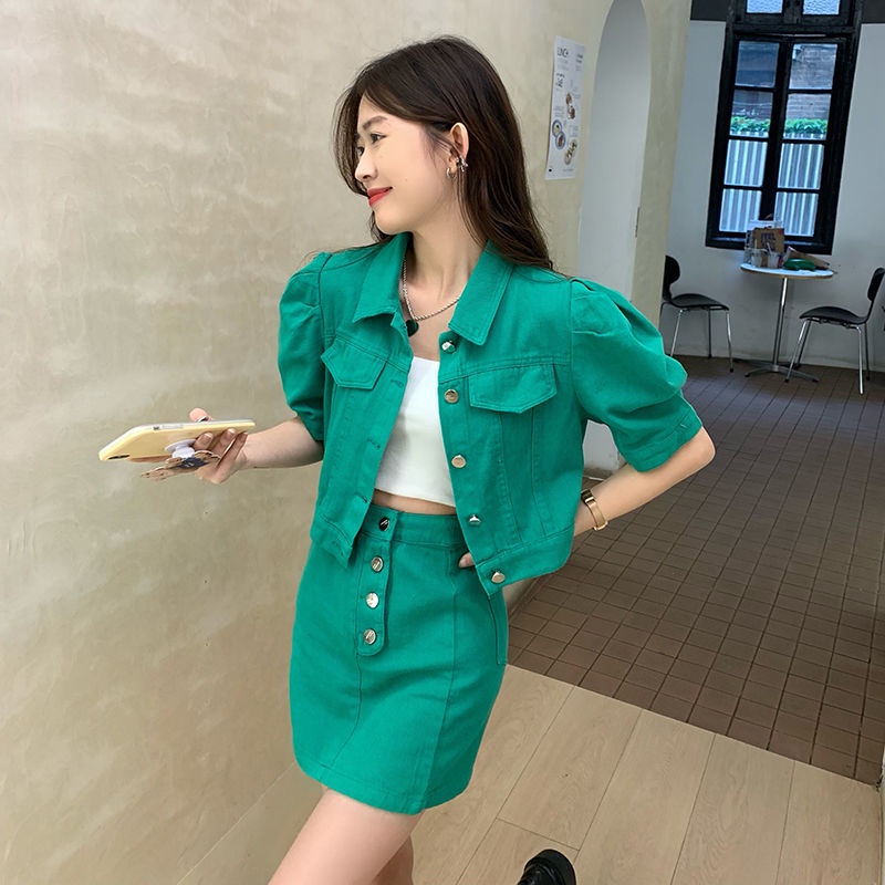Denim jacket half skirt two sets of girls spring and summer 2022 new retro bubble sleeve short-sleeved jacket set