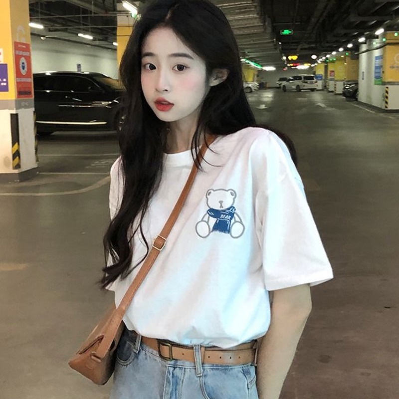 Áo Thun Ngắn Tay Dáng Rộng In Hình Gấu Thời Trang Hàn Quốc Cá Tính