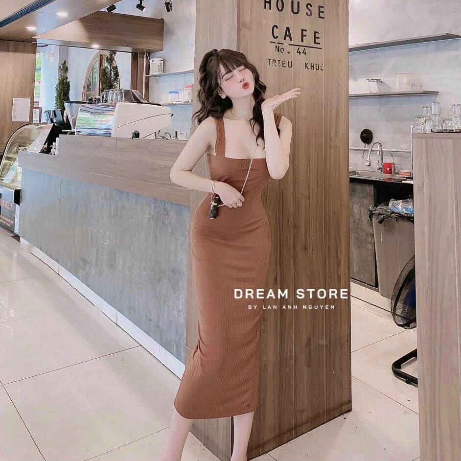 Đầm body 2 dây bảng to dáng dài, thun gân - MIN Boutiques