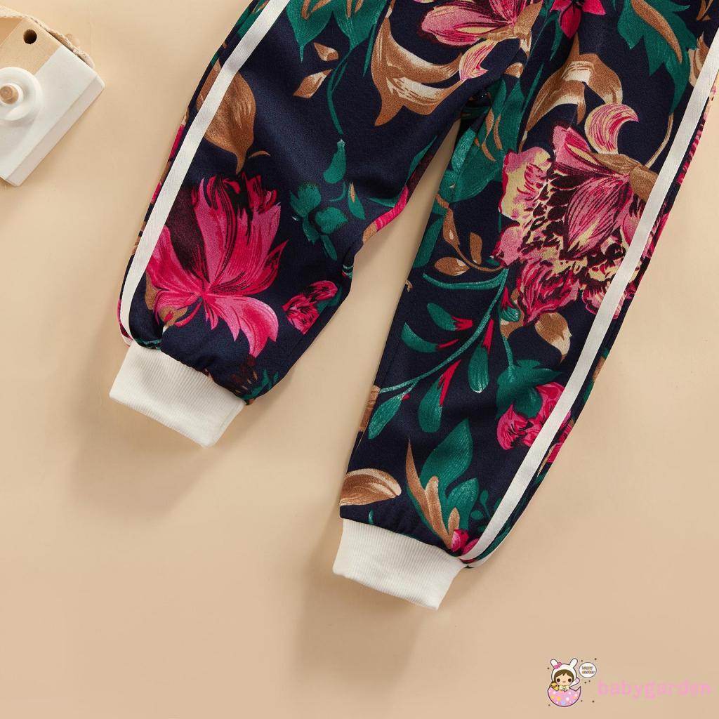 Set áo khoác tay dài cổ tròn in họa tiết hoa + quần dài thời trang mùa thu cho bé gái