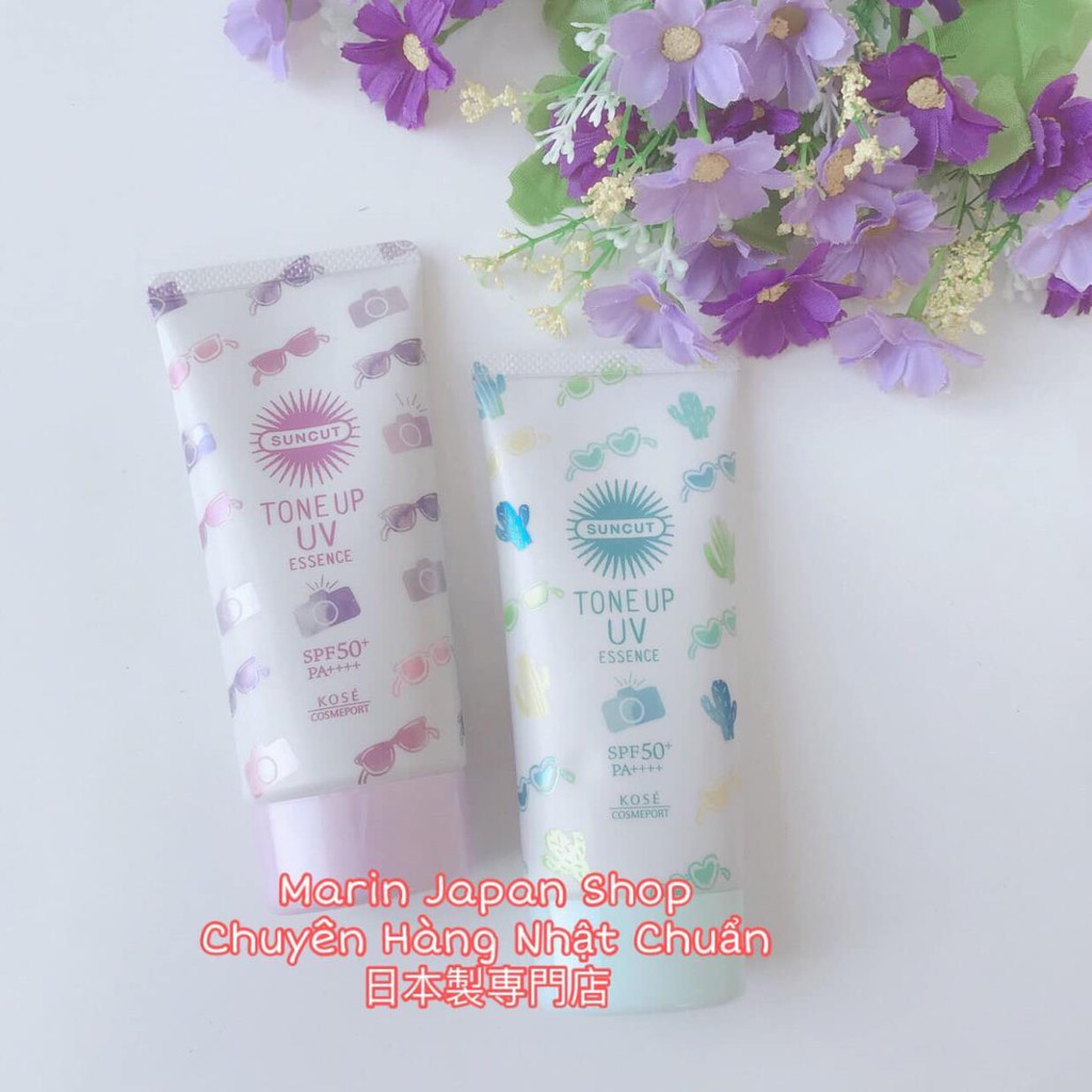 Kem chống nắng Kose Tone Up UV Essence giúp nâng tone màu tím và xanh siêu dễ thương mẫu mới nhất