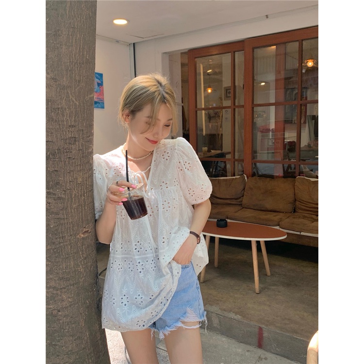 Áo Sơ Mi Trắng Tay Ngắn Phồng Dáng Rộng Phối Ren Thời Trang Mùa Hè Pháp Thanh Lịch