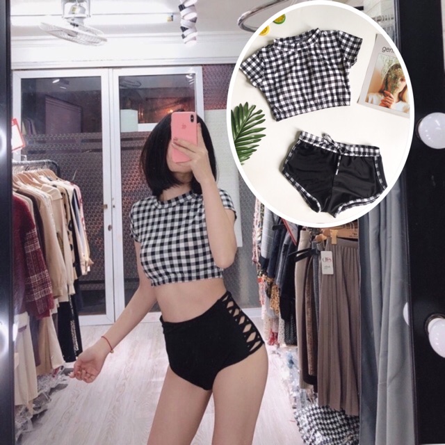 Bikini sọc caro tay con kín đáo dễ thương