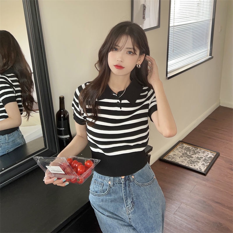 [hàng giá thấp]Áo croptop dệt kim tay ngắn cổ polo thời trang Hàn Quốc thanh lịch