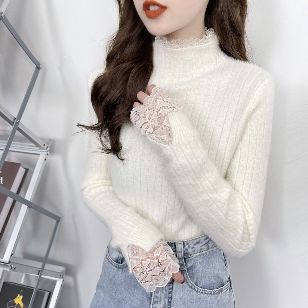 Áo Len Cổ Lọ Phối Ren Phong Cách Phương Tây