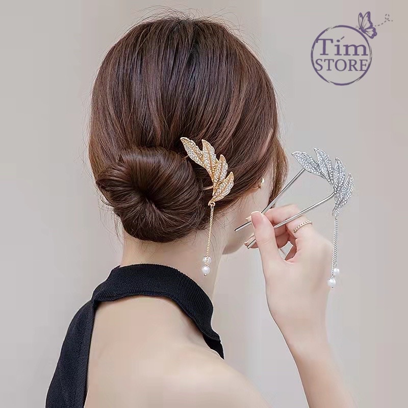 Kẹp trâm cài tóc cánh, hoa kim loại ngọc trai giả TIMSTORE phong cách thời trang nữ sang trọng quý phái