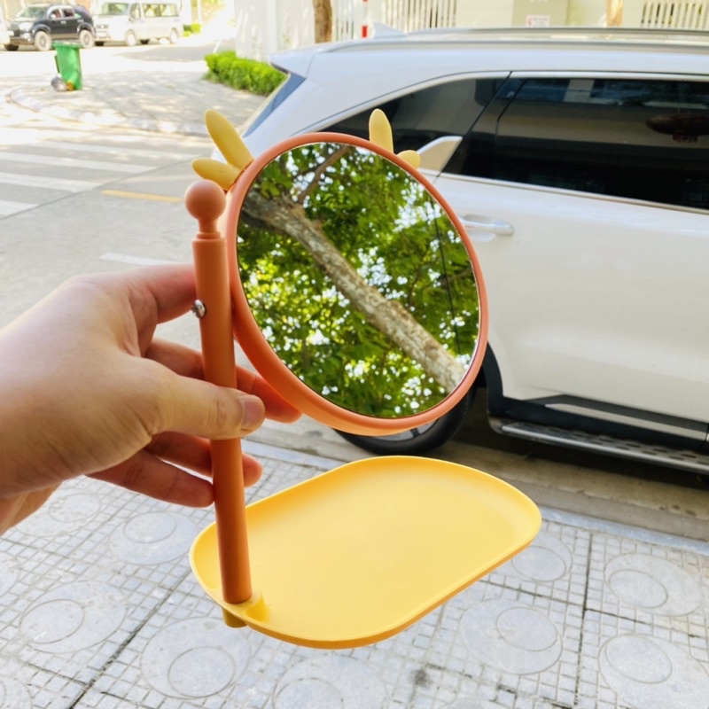 Gương trang điểm để bàn tai mèo xoay 360 độ có khay để trang sức đáng yêu