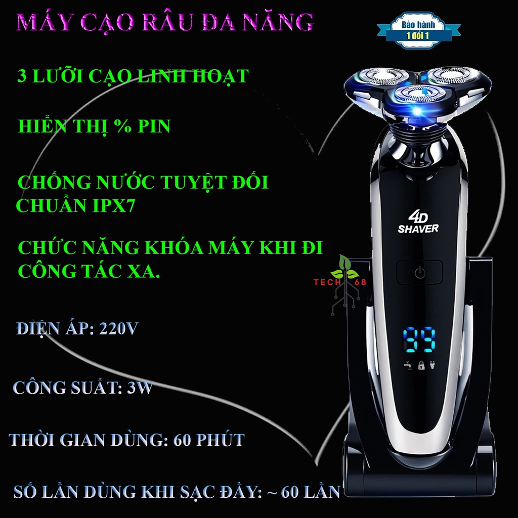 [CHÍNH HÃNG- BH 12 tháng] Máy cạo râu đa năng, 3 lưỡi linh hoạt, chống nước IPX7, cạo sát, êm, cạo khô, ướt, sạc nhanh