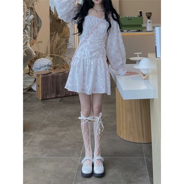 Đầm hai dây hoa nhí ngắn xòe + áo khoác ngoài voan hoa nhí oder taobao