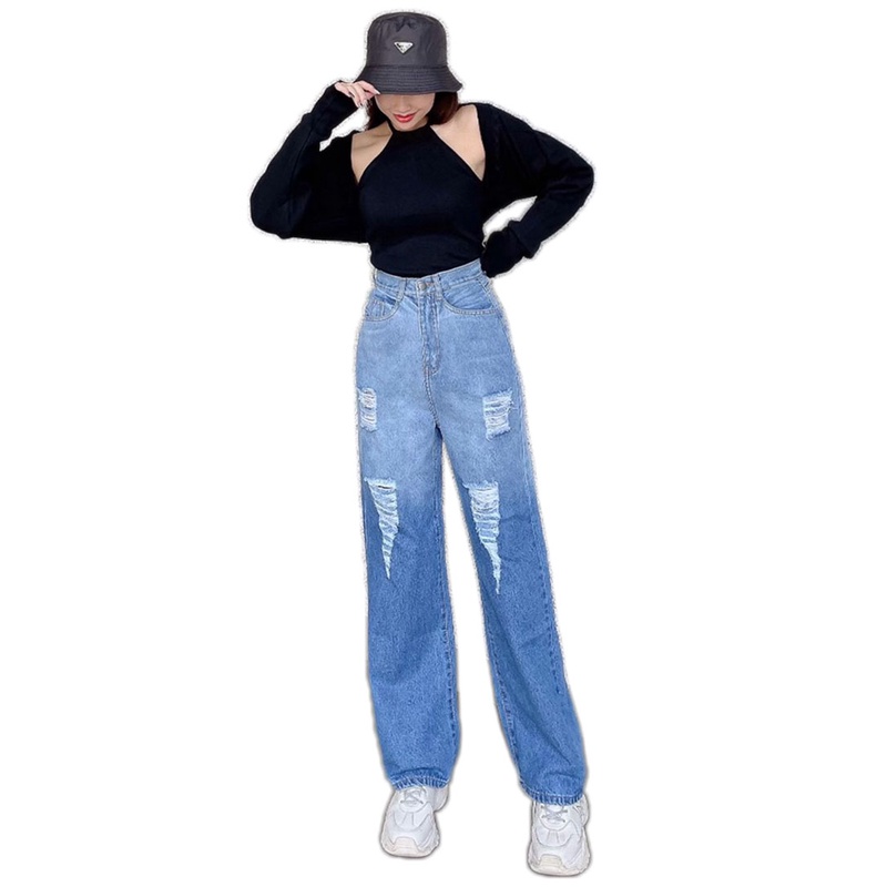 Quần baggy jean nữ lưng cao,màu xanh bạc cắt gối, JL223 JL JohnsonLi