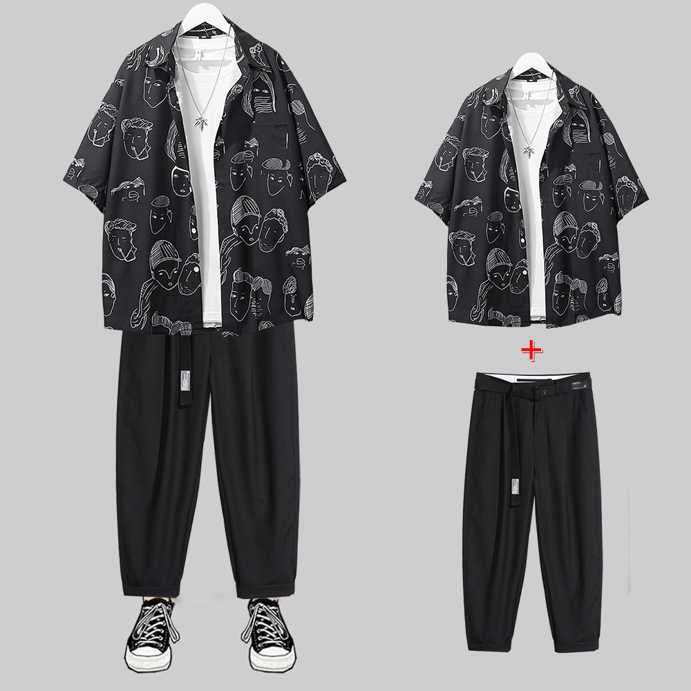 Combo Áo Sơ Mi Ngắn Tay Hoạ Tiết Mặt Người Hàn Quốc Kết Hợp Quần Tây Âu Dáng Baggy (Tặng Dây Lưng) SOMI 37 + JOGGER 66 B | BigBuy360 - bigbuy360.vn