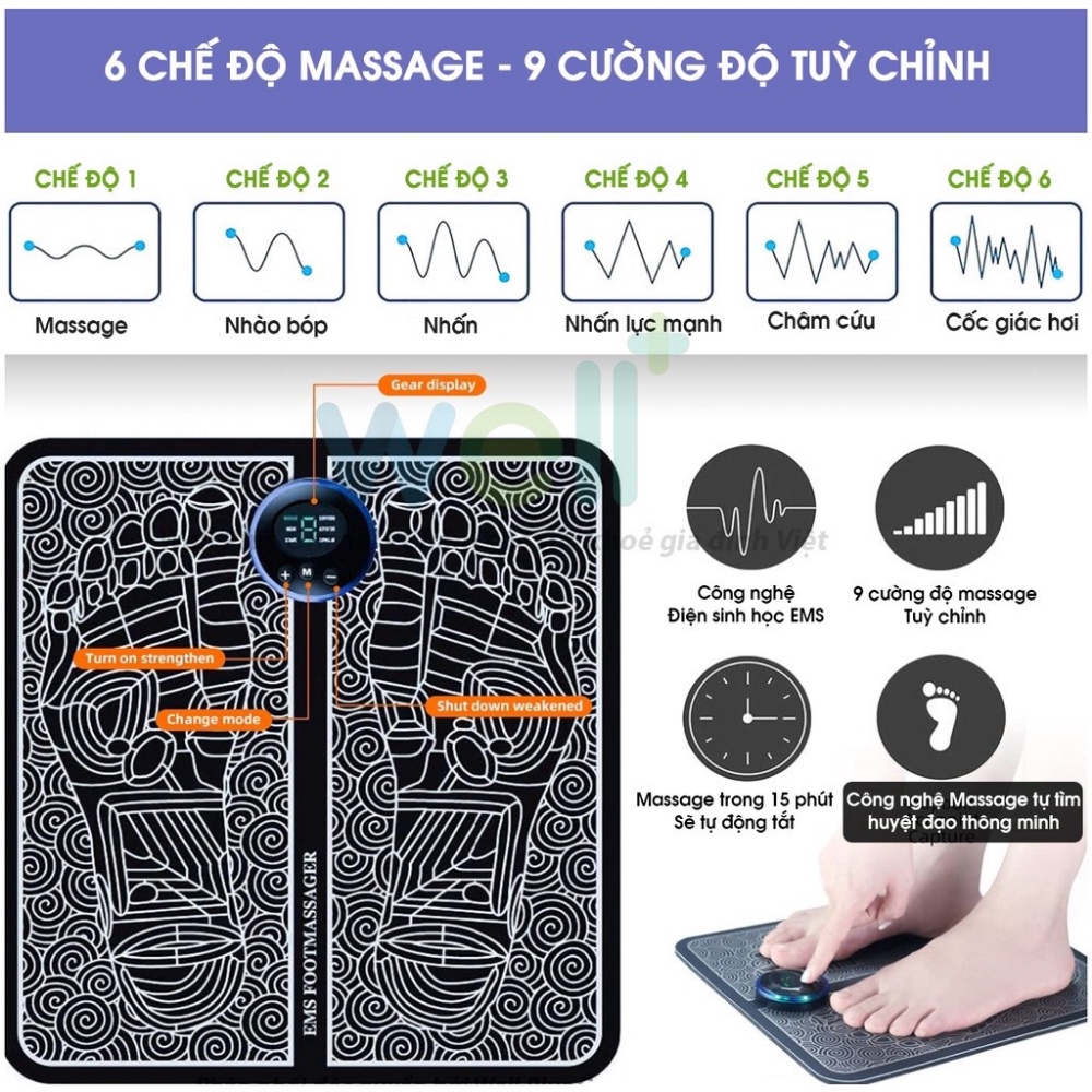 Thảm massage bàn chân, máy massage bàn chân xung điện EMS sạc pin 6 chế độ massage 9 cường độ giúp lưu thông khí huyết