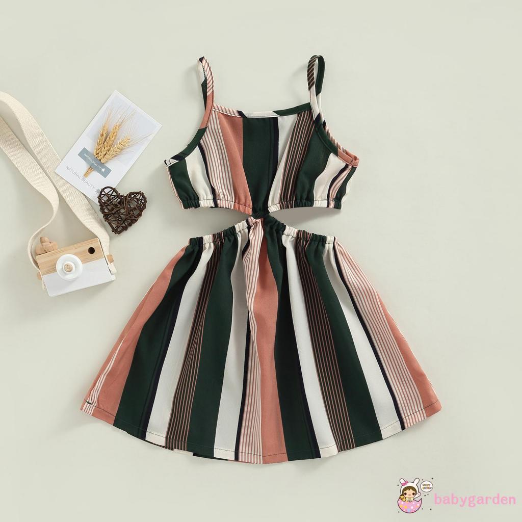 Đầm Hai Dây Hở Vai Họa Tiết Kẻ Sọc Màu Sắc Tương Phản Thời Trang Mùa Hè Dành Cho Bé Gái 4-7 Tuổi