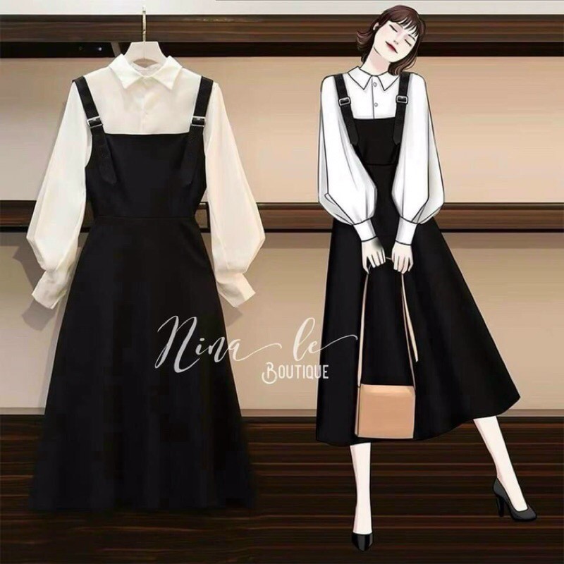 Set yếm đầm đen midi 2 dây khoá + áo sơmi trắng tay phồng (ảnh thật)