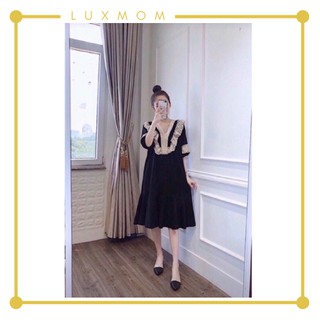 Váy đầm bầu thời trang thiết kế tay lỡ cổ ren bèo sang chảnh đi dự tiệc cho mẹ bầu từ 45-75kg LuxMom
