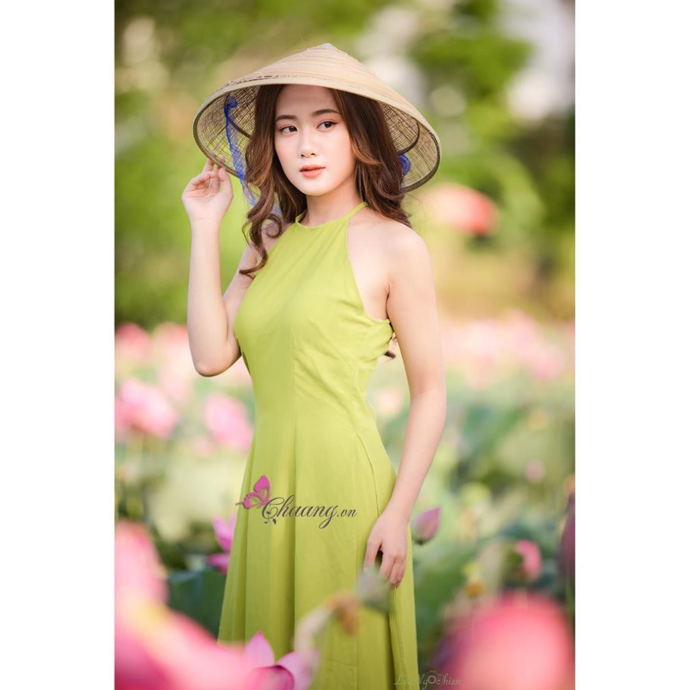 Áo dài cổ yếm chụp sen_Chaang_May sẵn dáng áo dài truyền thống màu cam/nõn chuối
