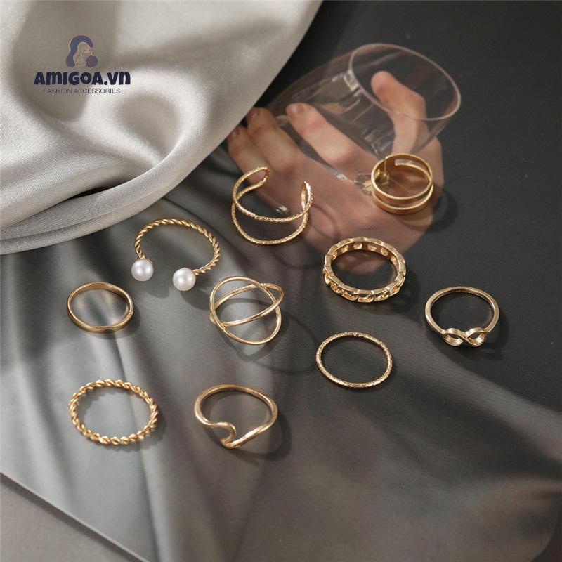 ✨✨Bộ 10 Nhẫn Đeo Khớp Ngón Tay Đính Hạt Ngọc Trai Đơn Giản Sáng Tạo Cho Nữ