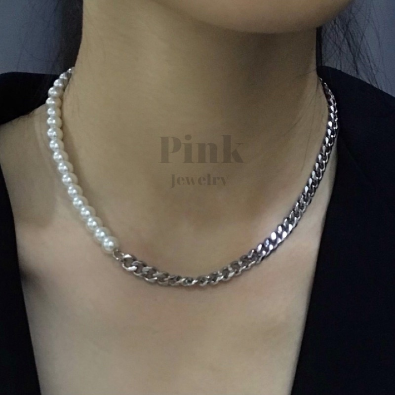 Dây chuyền châu kết hợp với cuban (titan không rỉ) giành cho nam(8ly) và nữ(6ly) Pearls &amp; Cuban