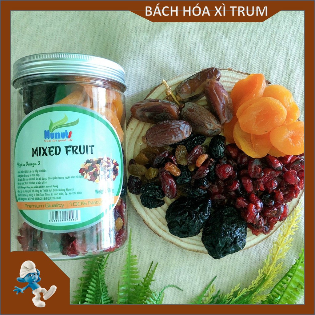 Mixed Fruit gồm Mơ sấy dẻo, mận, nam việt quất sấy, nho khô, chà là khô nguyên cành - Hộp 500gram