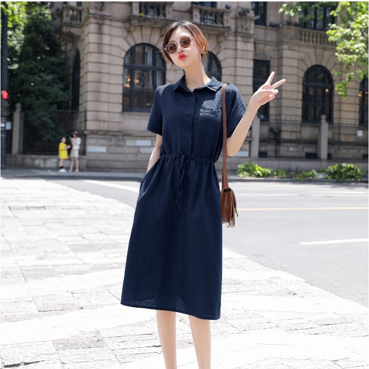 Váy sơ mi nữ dáng dài form rộng suông, đầm sơ mi nữ ngắn tay phong cách Hàn Quốc