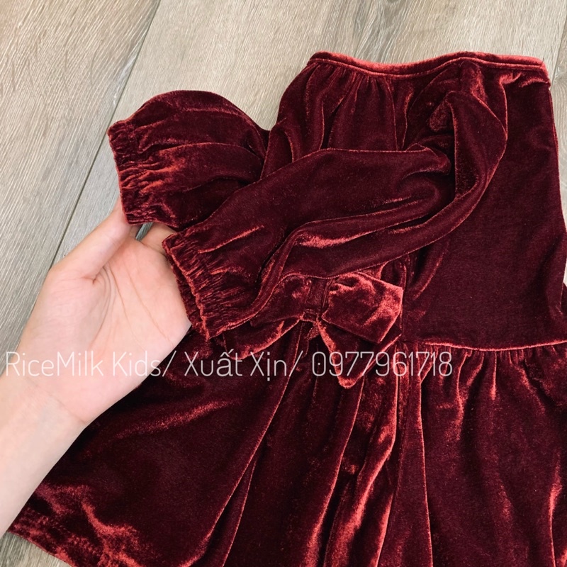 Váy nhung đỏ đô đính nơ xuất dư xịn cho bé gái