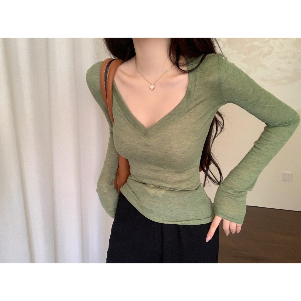 Áo Thun Tay Dài Cổ Chữ V Bằng cotton linen Mỏng Hàng Mới