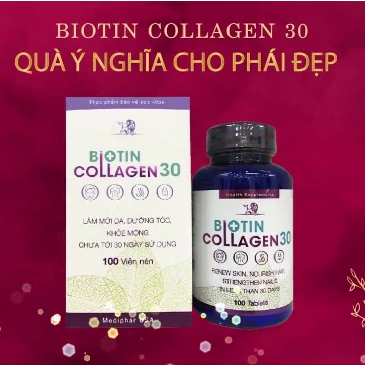 Biotin Collagen 30 – Hỗ trợ giúp da sáng mịn, ngăn rụng tóc, móng khỏe (Lọ 100 viên)
