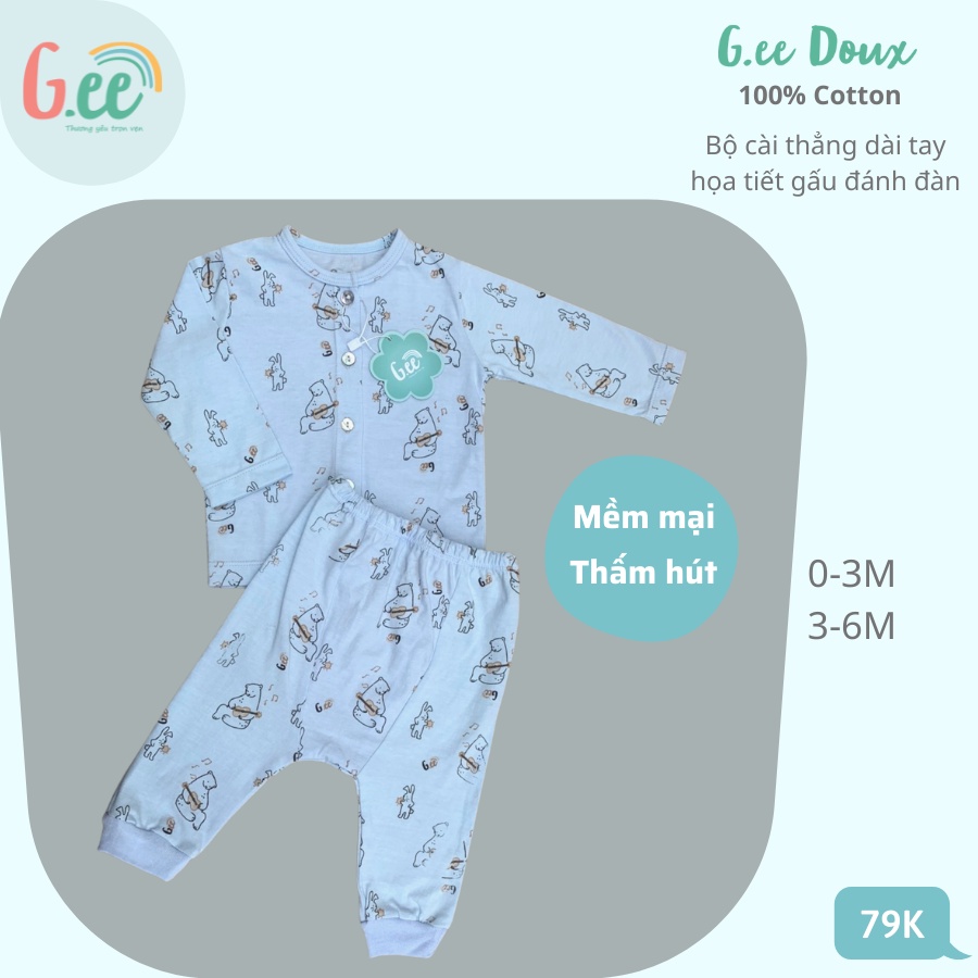 Bộ sơ sinh dài tay cài thẳng Gee, cho bé gái, bé trai chất liệu 100% cotton mềm mại